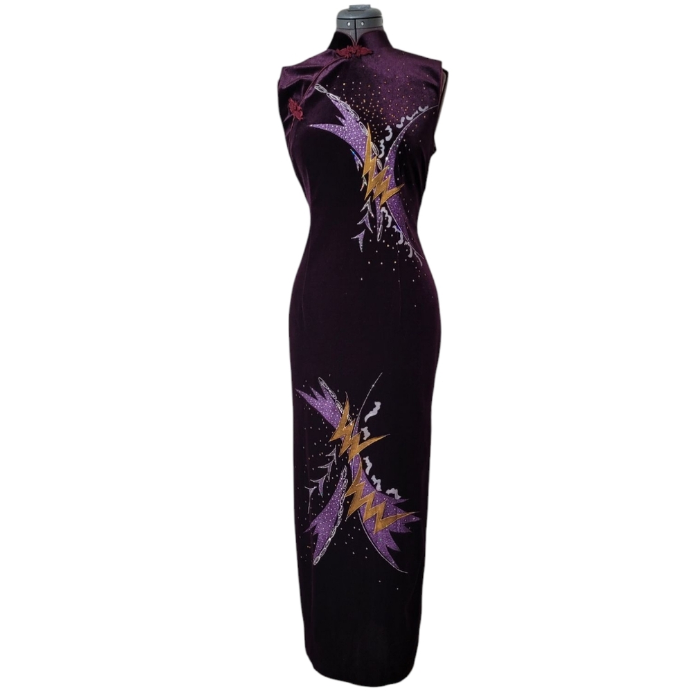 Velvet Holiday Party Dress Y2K Vintage Maxi Purple Sparkle Graphic